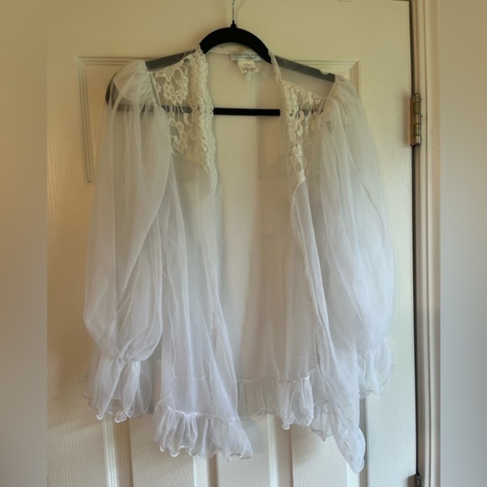 Vintage 90s Sheer White Lace Trim Lingerie Neglige Cardigan